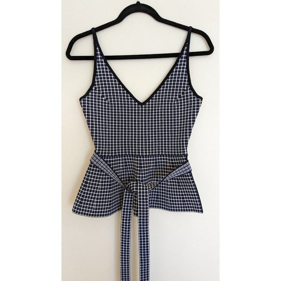 SCANLAN THEODORE Crepe Knit Plaid Strappy Top in Navy Blue, Small/8 - Picture 3 of 9